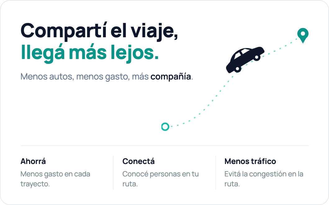 Compartí el viaje, llegá más lejos: menos autos, menos gasto, más compañía.